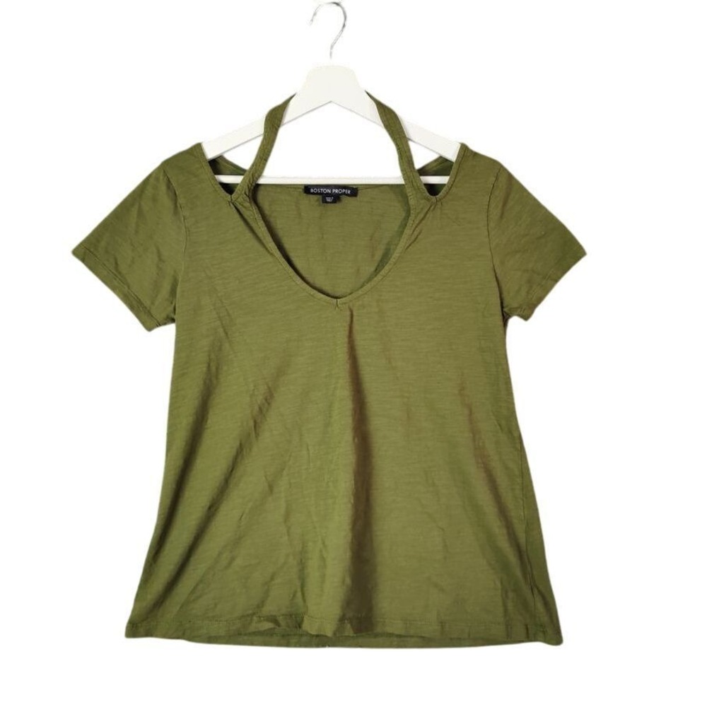 Boston Proper Womens Boho Minimalist Cotton Halter Neck Tee S Olive Green Top